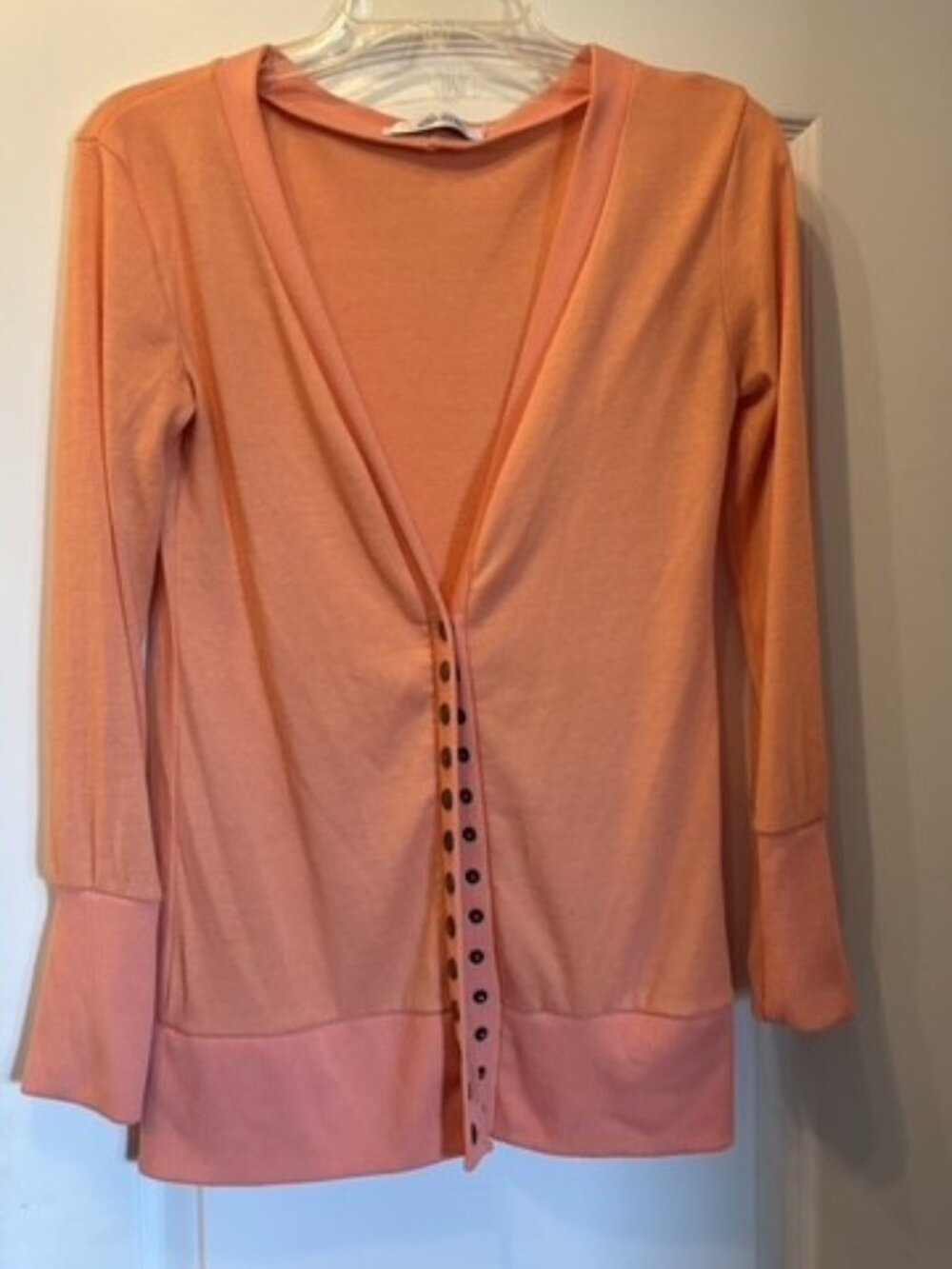 NENONA Peach Coral Snap Button Deep V-Neck Knit Cardigan Sweater Top Long Sleeve